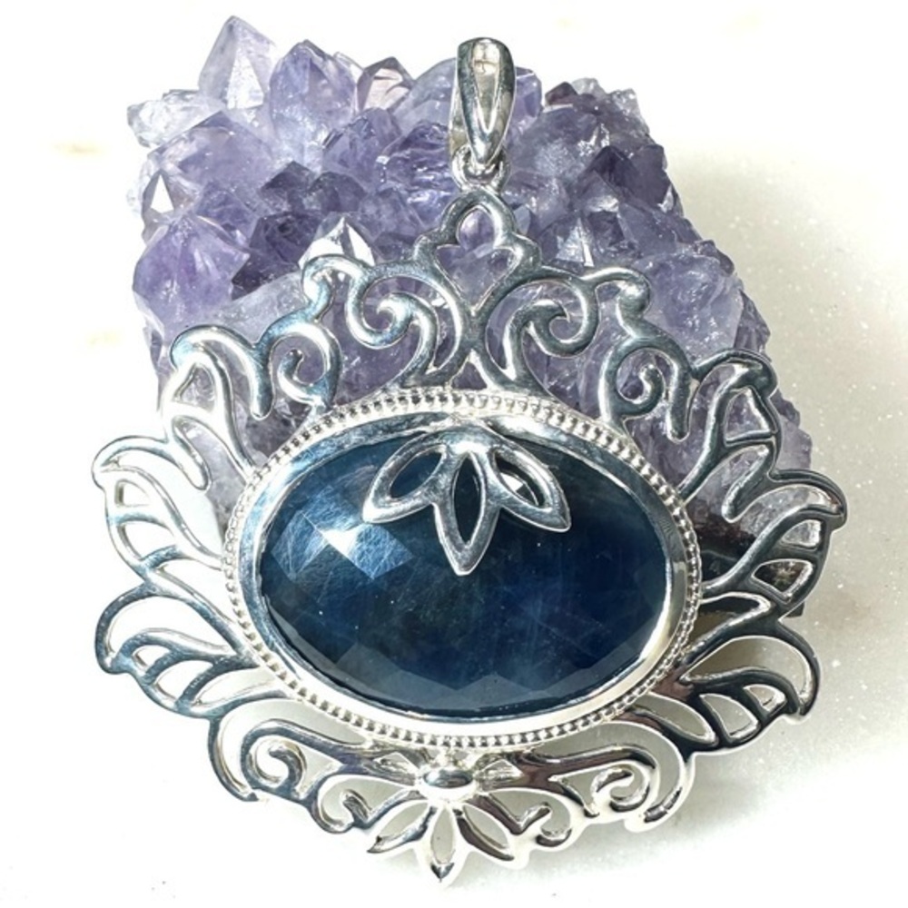 Faceted Oval Rose-cut Fancy Blue Umba Sapphire Solid Sterling Silver Pendant